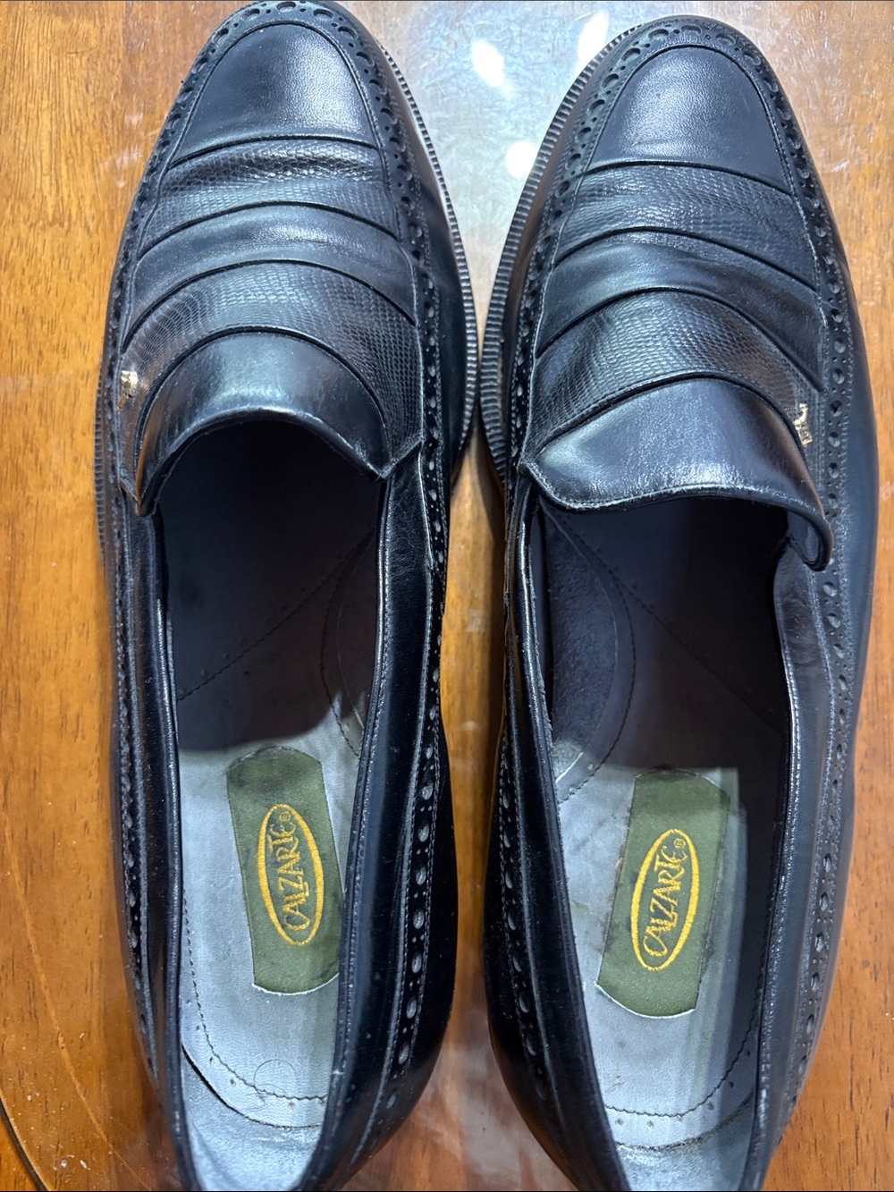 Florsheim Black Leather Penny Loafers with Brogue Accents